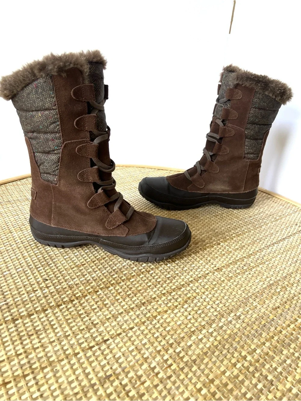 The North Face Nuptse Purna winter boots brown suede multi tweed faux fur 8.5